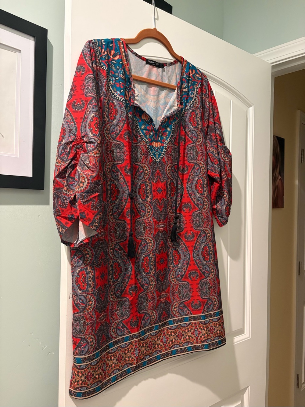 Red Paisley V-Neck Tunic with Blue Accent